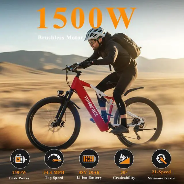 Alt view image 2 of 7 - Tomofree 26" Electric Bike for Adult, Peak 1500W Brushless Motor Mountain E bike, 34.4MPH Top Speed Ebike, 21 Speed, Up to 40 Miles, 48V 20Ah Battery for Commuter Electric Bicycle.