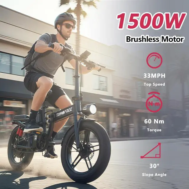 Alt view image 2 of 7 - Tomofree 16" Electric Bike for Adult, 1500W Peak Motor 33MPH Ebike, 48V 20AH Battery, 40 Miles Long Range Ebike, Fat Tire E-Bike, All-Terrain Electric Bicycle with 2 Seats (Standard)