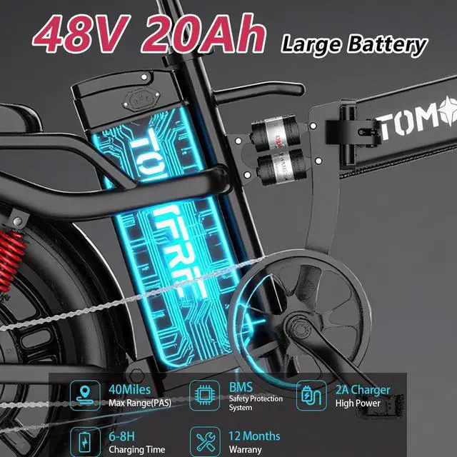 Alt view image 3 of 7 - Tomofree 16" Electric Bike for Adult, 1500W Peak Motor 33MPH Ebike, 48V 20AH Battery, 40 Miles Long Range Ebike, Fat Tire E-Bike, All-Terrain Electric Bicycle with 2 Seats (Standard)