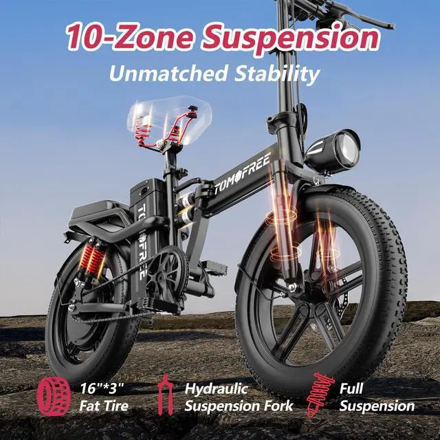 Alt view image 4 of 7 - Tomofree 16" Electric Bike for Adult, 1500W Peak Motor 33MPH Ebike, 48V 20AH Battery, 40 Miles Long Range Ebike, Fat Tire E-Bike, All-Terrain Electric Bicycle with 2 Seats (Standard)