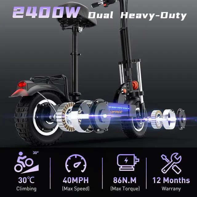 Alt view image 4 of 7 - Electric Scooter for Adults, 2400W Dual Motor, 40MPH 40Miles Long Range Commuter E Scooters with Seat, 11" Tires, 48V 20AH Adult Electric Scooters for Outdoors and Travel
