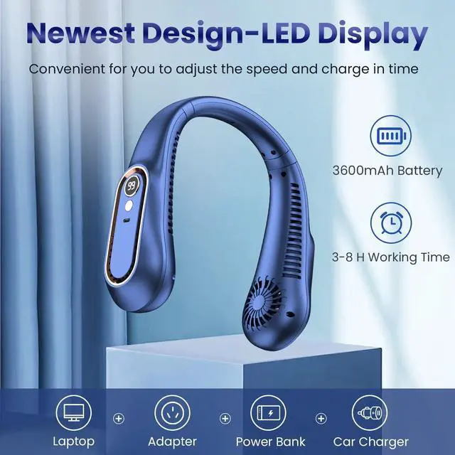 Alt view image 4 of 7 - Domserv Portable Neck Fan, 5 Speeds Personal Neck Fans for Women Men, 720° Up&Down Airflow Bladeless Rechargeable USB Fan, LED Display, Wearable Hand Free Fan for Indoor Outdoor Travel Sport