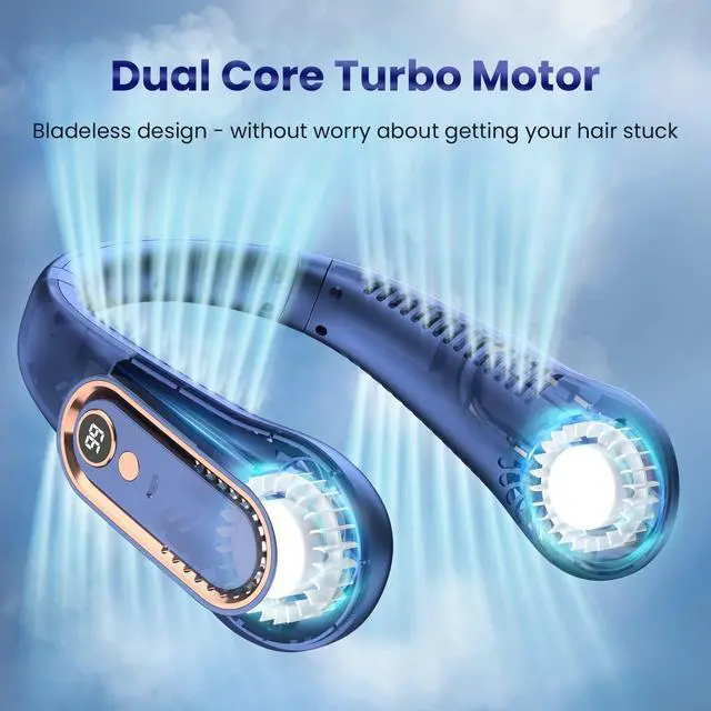 Alt view image 5 of 7 - Domserv Portable Neck Fan, 5 Speeds Personal Neck Fans for Women Men, 720° Up&Down Airflow Bladeless Rechargeable USB Fan, LED Display, Wearable Hand Free Fan for Indoor Outdoor Travel Sport