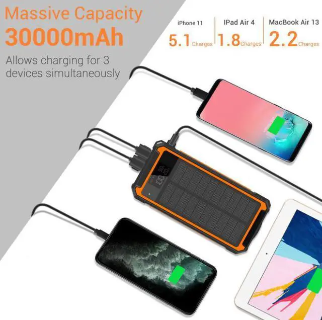 Alt view image 2 of 7 - Solar Charger Power Bank, actual 30000mAh Portable Phone Charger with 1 Type C & 2 USB Ports Built-in Dual LED Flashlight, 18W Fast Charging Waterproof Solar Panel Charger for iPhone, iPad, Samsung