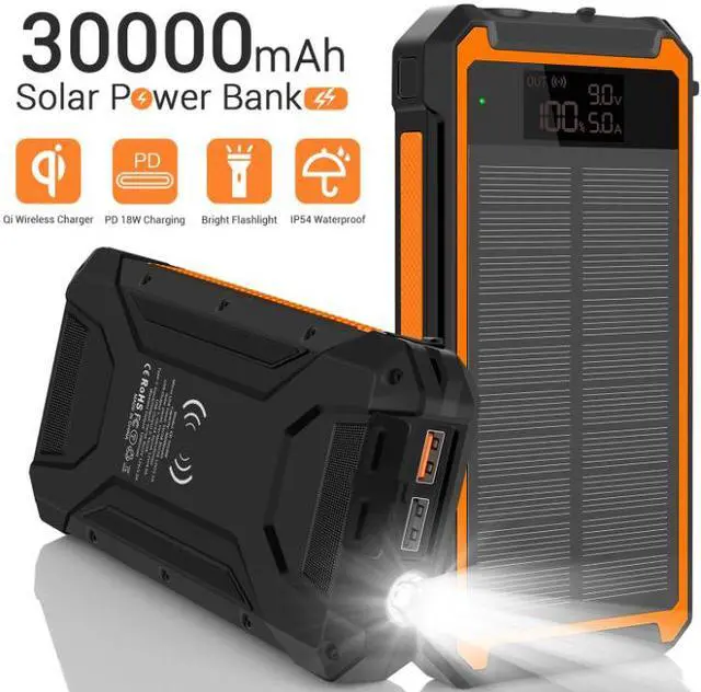 Main image of Solar Charger Power Bank, actual 30000mAh Portable Phone Charger with 1 Type C & 2 USB Ports Built-in Dual LED Flashlight, 18W Fast Charging Waterproof Solar Panel Charger for iPhone, iPad, Samsung