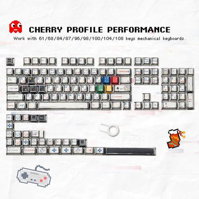 Alt view image 2 of 6 - Womier Retro Anime PBT Keycaps-Cherry Keycaps, Custom Keyboard Key caps 60 65 75 100 Percent, 5 Side Dye Sublimation 141 Keys Set for Cherry Gateron MX Switches Keyboards, White (Classic Game Theme)