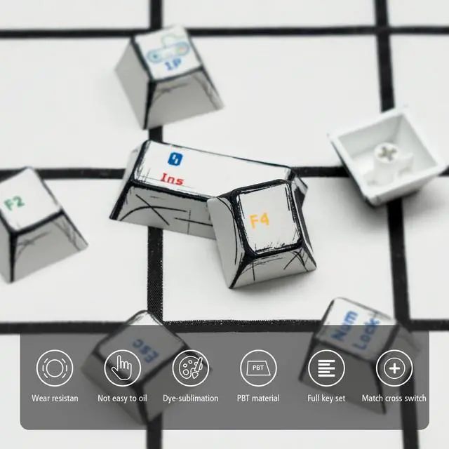 Alt view image 3 of 6 - Womier Retro Anime PBT Keycaps-Cherry Keycaps, Custom Keyboard Key caps 60 65 75 100 Percent, 5 Side Dye Sublimation 141 Keys Set for Cherry Gateron MX Switches Keyboards, White (Classic Game Theme)