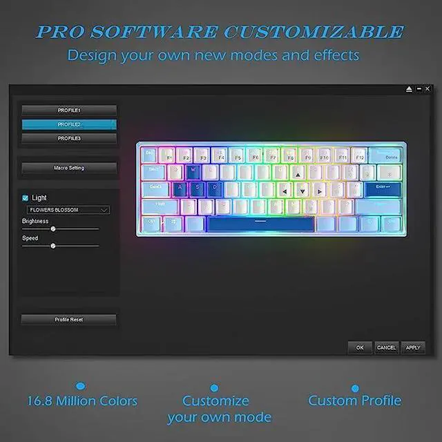 Alt view image 4 of 7 - Womier WK61 60% Keyboard, Hot-Swappable Keyboard Ultra-Compact RGB Gaming Mechanical Keyboard w/Pudding Keycaps, Linear Red Switch, Pro Driver/Software Supported - Glacier Blue