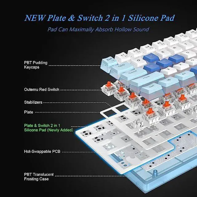Alt view image 6 of 7 - Womier WK61 60% Keyboard, Hot-Swappable Keyboard Ultra-Compact RGB Gaming Mechanical Keyboard w/Pudding Keycaps, Linear Red Switch, Pro Driver/Software Supported - Glacier Blue