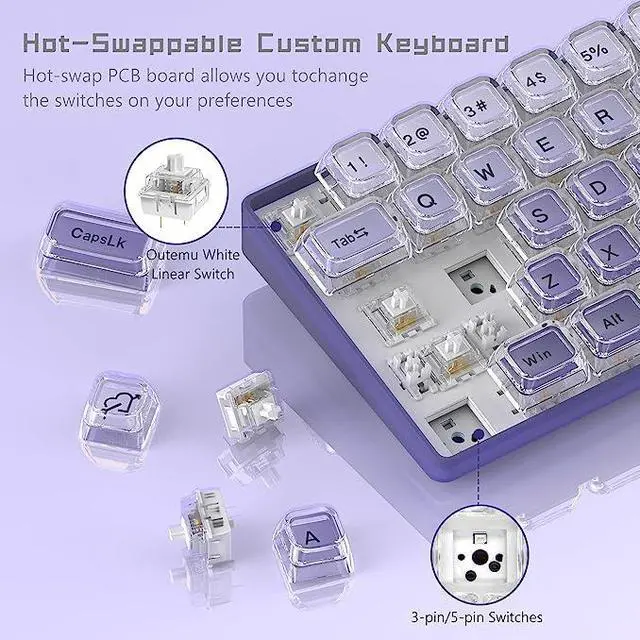 Alt view image 2 of 6 - Womier W-K68 60% Keyboard Gaming - Gradient Purple Mechanical Keyboard, Hot-Swappable Keyboard, RGB Custom Mini Keyboard with Arrow Keys/Software Supported - Linear White Switch