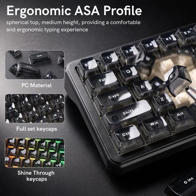 Alt view image 3 of 7 - Womier Black Grey Jelly keycaps, Shine Through Keyboard caps Clear Set,Ice Crystal Translucent Key caps, Fit 60% 65% 75% 80% 100% Keyboard, RGB Backlight Compatible(ASA Profile )