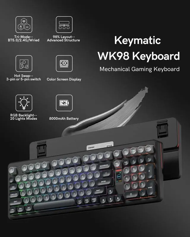 Alt view image 2 of 7 - Womier Keymatic Foundation Mechanical Keyboard,98% Pink Creamy Keyboard Gaming Keyboard,3 Mode with Multimedia Screen,RGB Backlit,Jelly MOA Profile keycaps for Win/Mac,Grey