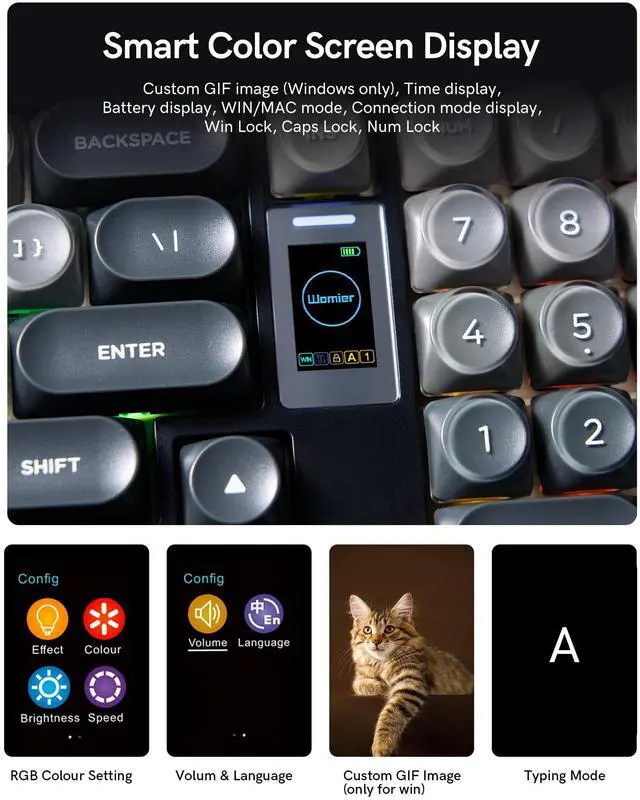 Alt view image 3 of 7 - Womier Keymatic Foundation Mechanical Keyboard,98% Pink Creamy Keyboard Gaming Keyboard,3 Mode with Multimedia Screen,RGB Backlit,Jelly MOA Profile keycaps for Win/Mac,Grey
