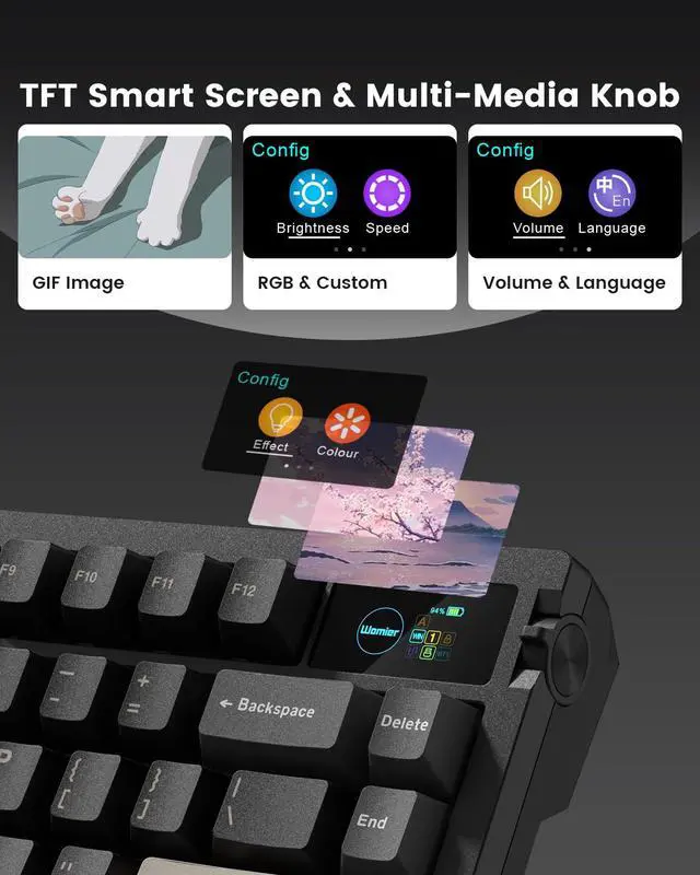 Alt view image 3 of 7 - Womier L80 Wireless Gaming Keyboard, 75% Mechanical Keyboard with Smart Display and Knob, Tri-Mode BT/2.4GHz/USB-C, Gasket Mount RGB Backlit, Hot Swappable for PC Mac