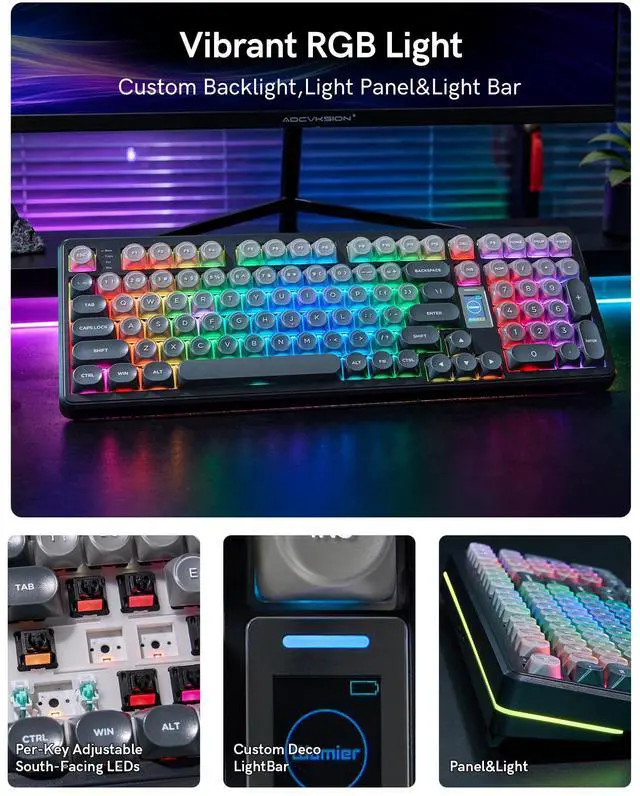 Alt view image 4 of 7 - Womier Keymatic Foundation Mechanical Keyboard,98% Pink Creamy Keyboard Gaming Keyboard,3 Mode with Multimedia Screen,RGB Backlit,Jelly MOA Profile keycaps for Win/Mac,Grey