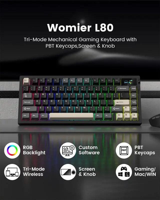 Alt view image 4 of 7 - Womier L80 Wireless Gaming Keyboard, 75% Mechanical Keyboard with Smart Display and Knob, Tri-Mode BT/2.4GHz/USB-C, Gasket Mount RGB Backlit, Hot Swappable for PC Mac