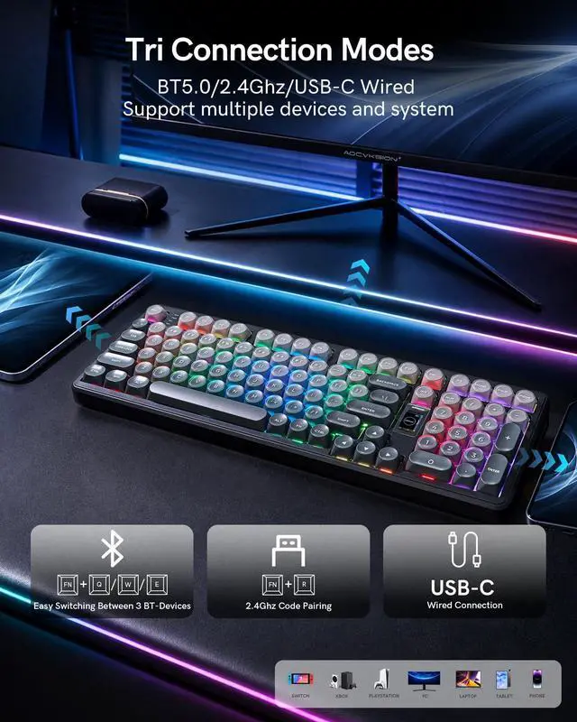 Alt view image 5 of 7 - Womier Keymatic Foundation Mechanical Keyboard,98% Pink Creamy Keyboard Gaming Keyboard,3 Mode with Multimedia Screen,RGB Backlit,Jelly MOA Profile keycaps for Win/Mac,Grey