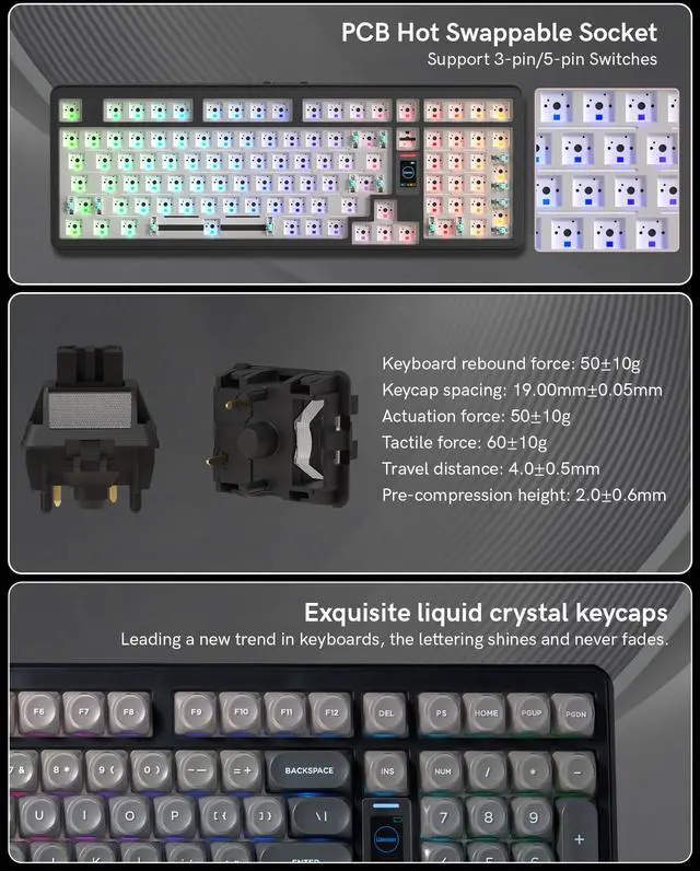 Alt view image 7 of 7 - Womier Keymatic Foundation Mechanical Keyboard,98% Pink Creamy Keyboard Gaming Keyboard,3 Mode with Multimedia Screen,RGB Backlit,Jelly MOA Profile keycaps for Win/Mac,Grey