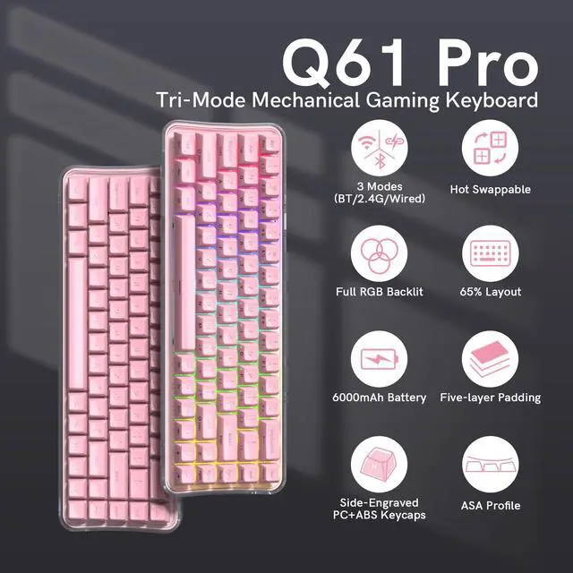 Alt view image 2 of 7 - Womier Q61 PRO Wireless Keyboard with RGB Backlighting, 60% Mechanical Gaming Keyboard, Hot-Swappable Creamy Keyboard for PC, BT 5.0/2.4GHz/USB C, ASA Profile, Side-Engraved PC+ABS Keycaps - Pink