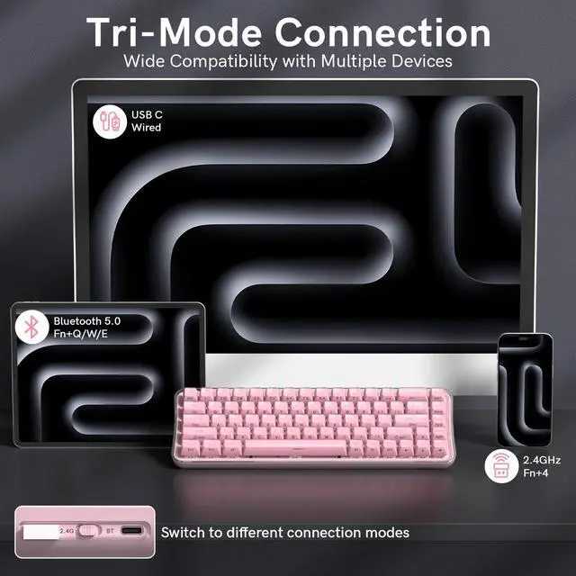 Alt view image 3 of 7 - Womier Q61 PRO Wireless Keyboard with RGB Backlighting, 60% Mechanical Gaming Keyboard, Hot-Swappable Creamy Keyboard for PC, BT 5.0/2.4GHz/USB C, ASA Profile, Side-Engraved PC+ABS Keycaps - Pink