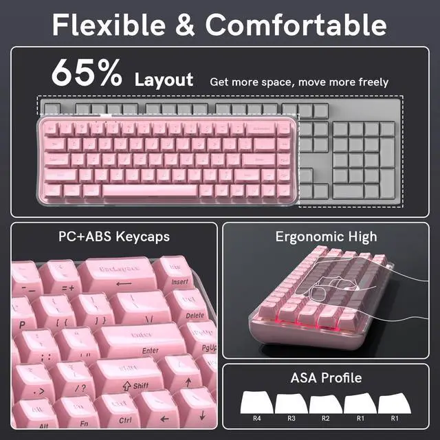 Alt view image 7 of 7 - Womier Q61 PRO Wireless Keyboard with RGB Backlighting, 60% Mechanical Gaming Keyboard, Hot-Swappable Creamy Keyboard for PC, BT 5.0/2.4GHz/USB C, ASA Profile, Side-Engraved PC+ABS Keycaps - Pink