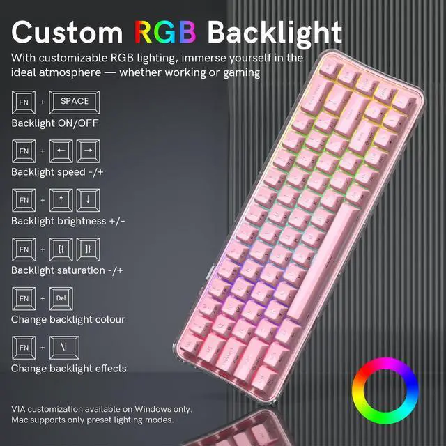 Alt view image 6 of 7 - Womier Q61 PRO Wireless Keyboard with RGB Backlighting, 60% Mechanical Gaming Keyboard, Hot-Swappable Creamy Keyboard for PC, BT 5.0/2.4GHz/USB C, ASA Profile, Side-Engraved PC+ABS Keycaps - Pink