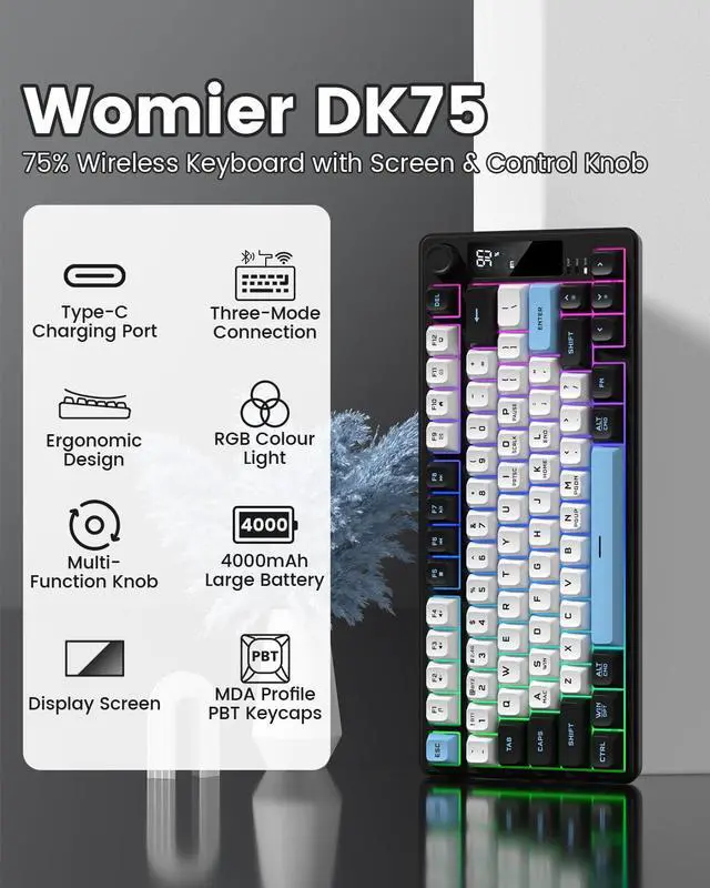 Alt view image 2 of 7 - Womier DK75 75% Wireless Gaming Keyboard, RGB Backlit Creamy Keyboard with Media Knob, OLED Screen, Tri-Mode 2.4GHz/USB-C/BT5.0, Anti-Ghosting No-Conflict Silent Membrane Keyboard for MAC Windows