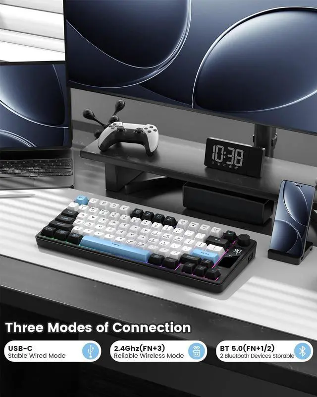 Alt view image 3 of 7 - Womier DK75 75% Wireless Gaming Keyboard, RGB Backlit Creamy Keyboard with Media Knob, OLED Screen, Tri-Mode 2.4GHz/USB-C/BT5.0, Anti-Ghosting No-Conflict Silent Membrane Keyboard for MAC Windows