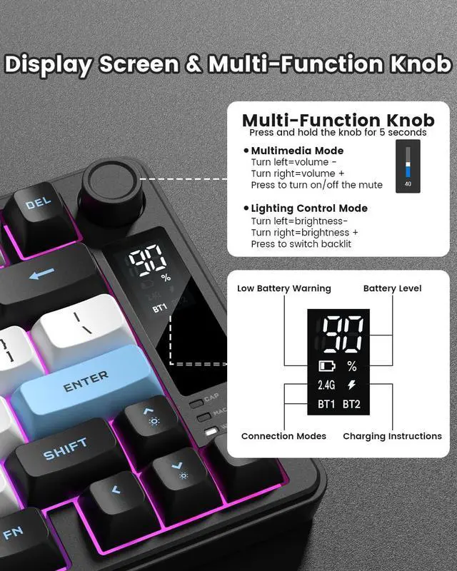 Alt view image 4 of 7 - Womier DK75 75% Wireless Gaming Keyboard, RGB Backlit Creamy Keyboard with Media Knob, OLED Screen, Tri-Mode 2.4GHz/USB-C/BT5.0, Anti-Ghosting No-Conflict Silent Membrane Keyboard for MAC Windows