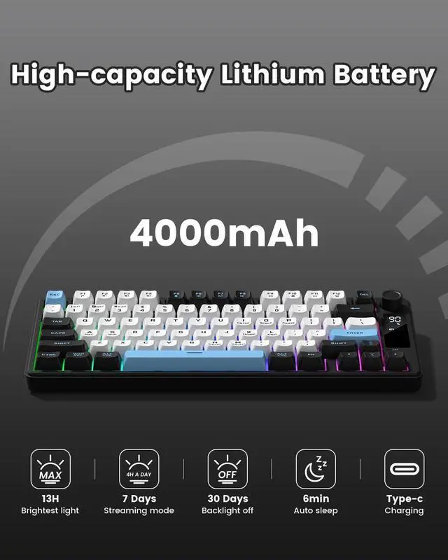 Alt view image 5 of 7 - Womier DK75 75% Wireless Gaming Keyboard, RGB Backlit Creamy Keyboard with Media Knob, OLED Screen, Tri-Mode 2.4GHz/USB-C/BT5.0, Anti-Ghosting No-Conflict Silent Membrane Keyboard for MAC Windows