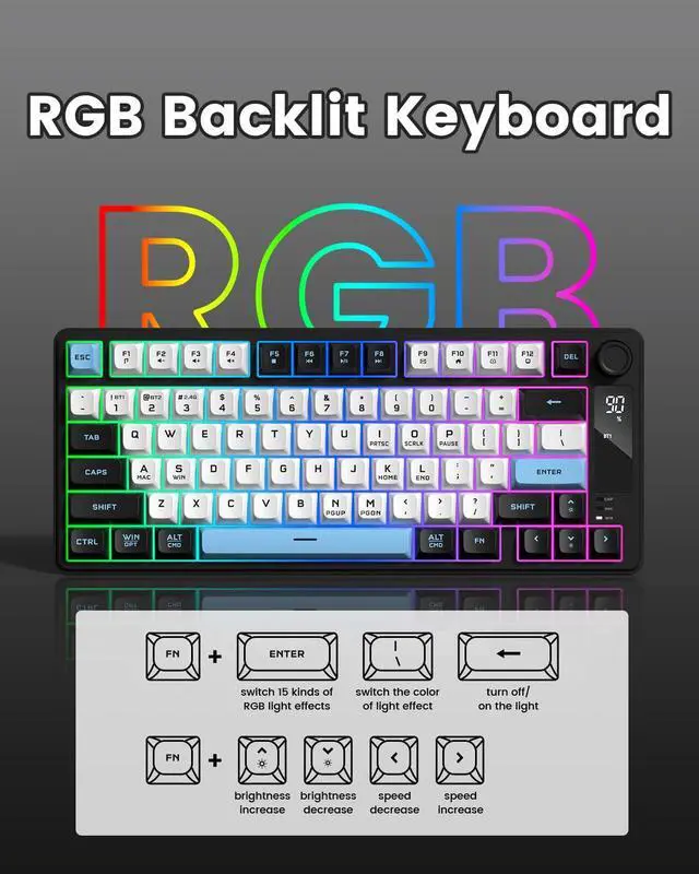 Alt view image 6 of 7 - Womier DK75 75% Wireless Gaming Keyboard, RGB Backlit Creamy Keyboard with Media Knob, OLED Screen, Tri-Mode 2.4GHz/USB-C/BT5.0, Anti-Ghosting No-Conflict Silent Membrane Keyboard for MAC Windows
