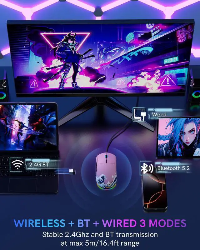 Alt view image 2 of 7 - Womier G57 Wireless Gaming Mouse, 8000 DPI, 80g, 2.4G/Bluetooth/USB-C Rechargeable Wireless Mouse with 5 Programmable Buttons for PC/Mac, Pink