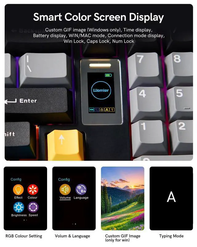 Alt view image 3 of 7 - Womier Mechanical Keyboard Wireless,98% Pink Creamy Keyboard Gaming Keyboard,3 Mode with Multimedia Screen,RGB Backlit,Black