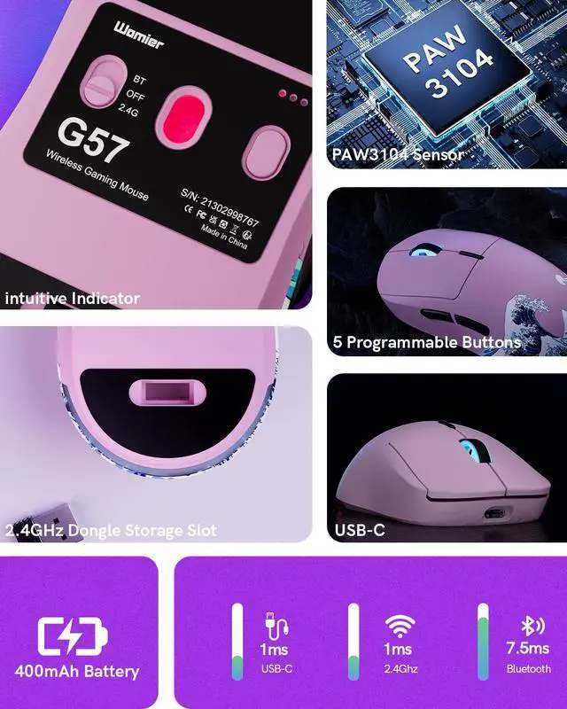 Alt view image 3 of 7 - Womier G57 Wireless Gaming Mouse, 8000 DPI, 80g, 2.4G/Bluetooth/USB-C Rechargeable Wireless Mouse with 5 Programmable Buttons for PC/Mac, Pink