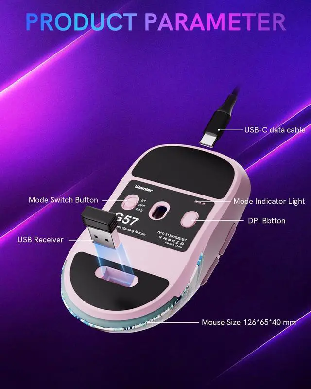 Alt view image 5 of 7 - Womier G57 Wireless Gaming Mouse, 8000 DPI, 80g, 2.4G/Bluetooth/USB-C Rechargeable Wireless Mouse with 5 Programmable Buttons for PC/Mac, Pink