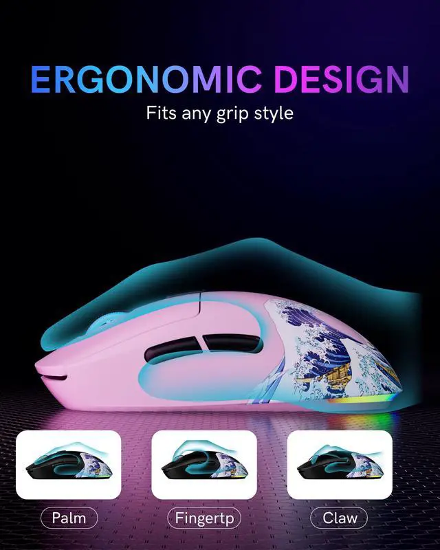 Alt view image 6 of 7 - Womier G57 Wireless Gaming Mouse, 8000 DPI, 80g, 2.4G/Bluetooth/USB-C Rechargeable Wireless Mouse with 5 Programmable Buttons for PC/Mac, Pink