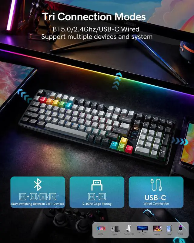 Alt view image 6 of 7 - Womier Mechanical Keyboard Wireless,98% Pink Creamy Keyboard Gaming Keyboard,3 Mode with Multimedia Screen,RGB Backlit,Black