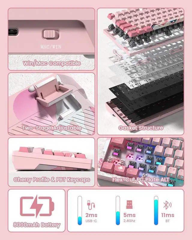Alt view image 3 of 7 - Womier L80 Wireless Gaming Keyboard, 75% Mechanical Keyboard with Smart Display and Knob, Tri-Mode BT/2.4GHz/USB-C, Gasket Mount RGB Backlit, Hot Swappable for PC Mac