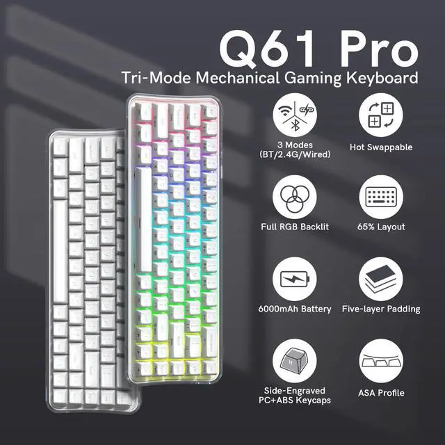 Alt view image 2 of 7 - Womier Q61 PRO Wireless Keyboard with RGB Backlighting, 60% Mechanical Gaming Keyboard, Hot-Swappable Creamy Keyboard for PC, BT 5.0/2.4GHz/USB C, OEM Profile, Side-Engraved PC+ABS Keycaps - White