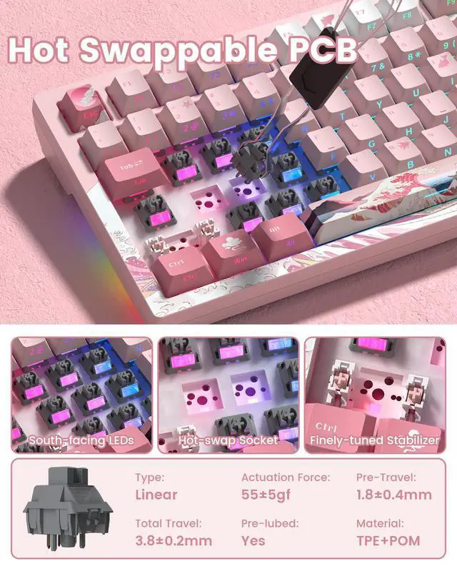 Alt view image 7 of 7 - Womier L80 Wireless Gaming Keyboard, 75% Mechanical Keyboard with Smart Display and Knob, Tri-Mode BT/2.4GHz/USB-C, Gasket Mount RGB Backlit, Hot Swappable for PC Mac