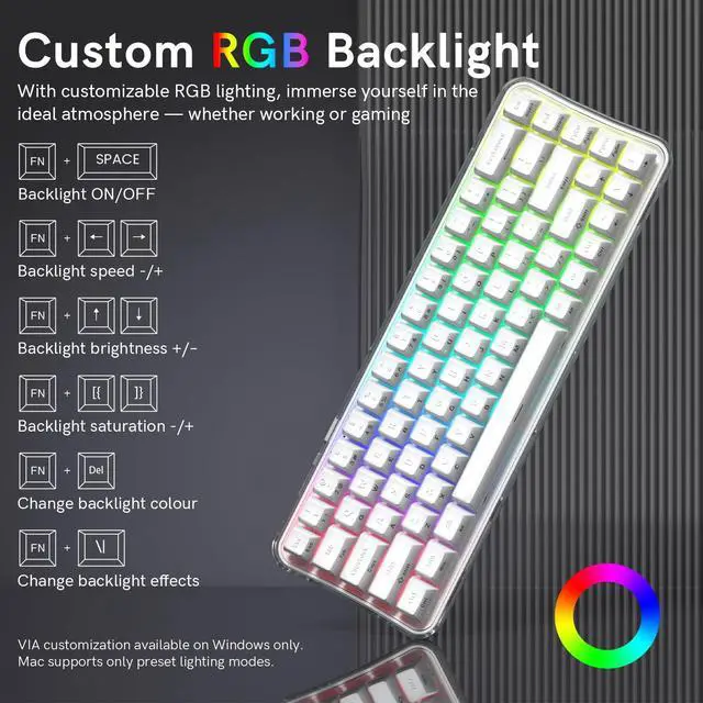 Alt view image 5 of 7 - Womier Q61 PRO Wireless Keyboard with RGB Backlighting, 60% Mechanical Gaming Keyboard, Hot-Swappable Creamy Keyboard for PC, BT 5.0/2.4GHz/USB C, OEM Profile, Side-Engraved PC+ABS Keycaps - White