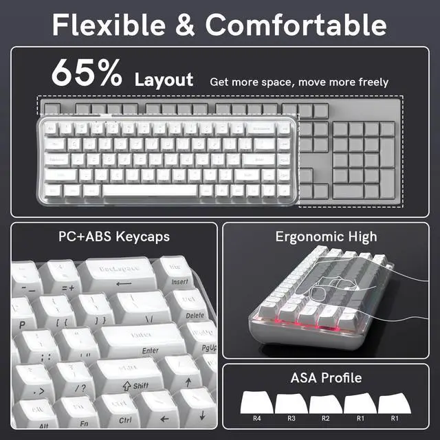 Alt view image 6 of 7 - Womier Q61 PRO Wireless Keyboard with RGB Backlighting, 60% Mechanical Gaming Keyboard, Hot-Swappable Creamy Keyboard for PC, BT 5.0/2.4GHz/USB C, OEM Profile, Side-Engraved PC+ABS Keycaps - White