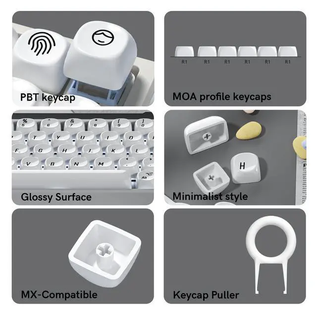 Alt view image 3 of 7 - Womier White PBT Keycap Set,Glossy Custom Keycaps Ceramic Style, Dye Sublimation Keyboard Key caps 131-key,MOA Profile Keycaps for 100% 75% 65% 60% TKL US Layout Mechanical Keyboard