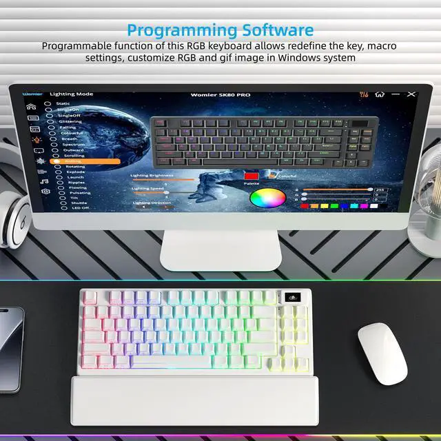 Alt view image 5 of 7 - Womier 75% Wireless Mechanical Keyboard with Color Multimedia Screen | PC Gaming Keyboard, 3-Modes Hot Swappable Shine Through Manga Keyboard w/Wrist Rest, Gasket RGB Custom for Mac/Win (SK80 PRO)