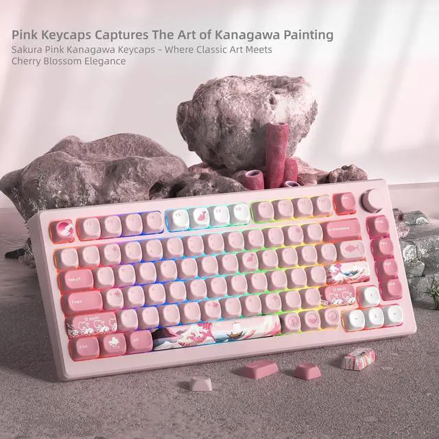Alt view image 5 of 6 - Womier Pink Cute Keycaps Kanagawa, PBT Keycaps MOA Profile | Mechanical Keyboard Caps Dye-Sublimated Sakura Anime Theme, 126-Key Set for 60 65 75 100 Percent Keyboards