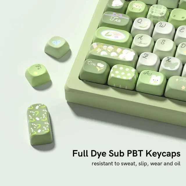 Alt view image 2 of 7 - Womier Cute Bunny PBT Keycaps, MOA Profile Round Keyboard Keycaps, Green | 132 Keys Keycaps 60 65 75 98 100 Percent, Green Natural Custom Keycap Set for 61/64/68/84/87/100/104/108 Mechanical Keyboards