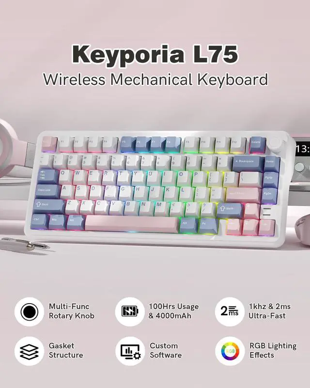 Alt view image 2 of 7 - Womier L75 75% Mechanical Keyboard, Wireless Gaming Keyboard with Multifunction Knob, Creamy Gasket Structure, Hot Swap, RGB Backlight, PBT Keycap, Custom Driver, Compact Layout for Win/Mac/PC