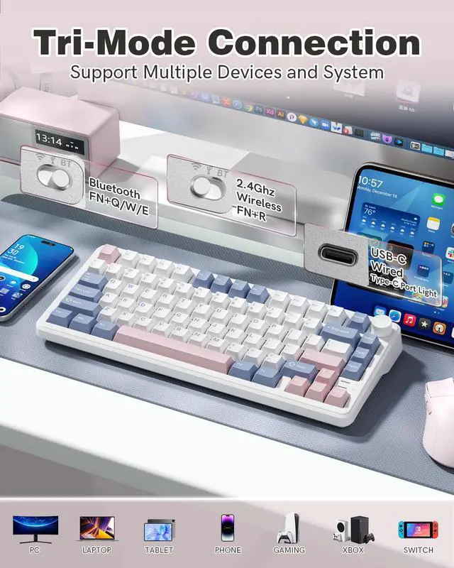 Alt view image 4 of 7 - Womier L75 75% Mechanical Keyboard, Wireless Gaming Keyboard with Multifunction Knob, Creamy Gasket Structure, Hot Swap, RGB Backlight, PBT Keycap, Custom Driver, Compact Layout for Win/Mac/PC