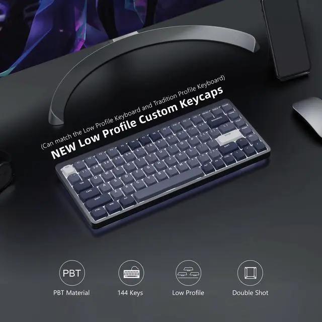 Alt view image 2 of 6 - Womier Low Profile Keycaps, PBT Keycaps 144 Keys Custom Keyboard Key caps Full Set, Double Shot for 60% 65% 75% 80% 100% Mechanical Keyboard, Grey