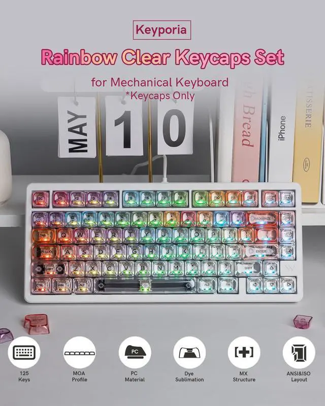 Alt view image 2 of 7 - Womier Rainbow Clear Keycaps, 125 Keys MOA Profile Transparent Keyboard keycaps, Shine Through Jelly Key caps, Compatible with 60%, 65%, 75%, 96%, Full-Sized Layout Mx Switches Mechanical Keyboard